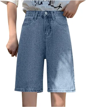 Women's High Waisted Knee Length Denim Shorts Button Adjustable Waist Shorts Bermuda Long Jean Pants Streetwear