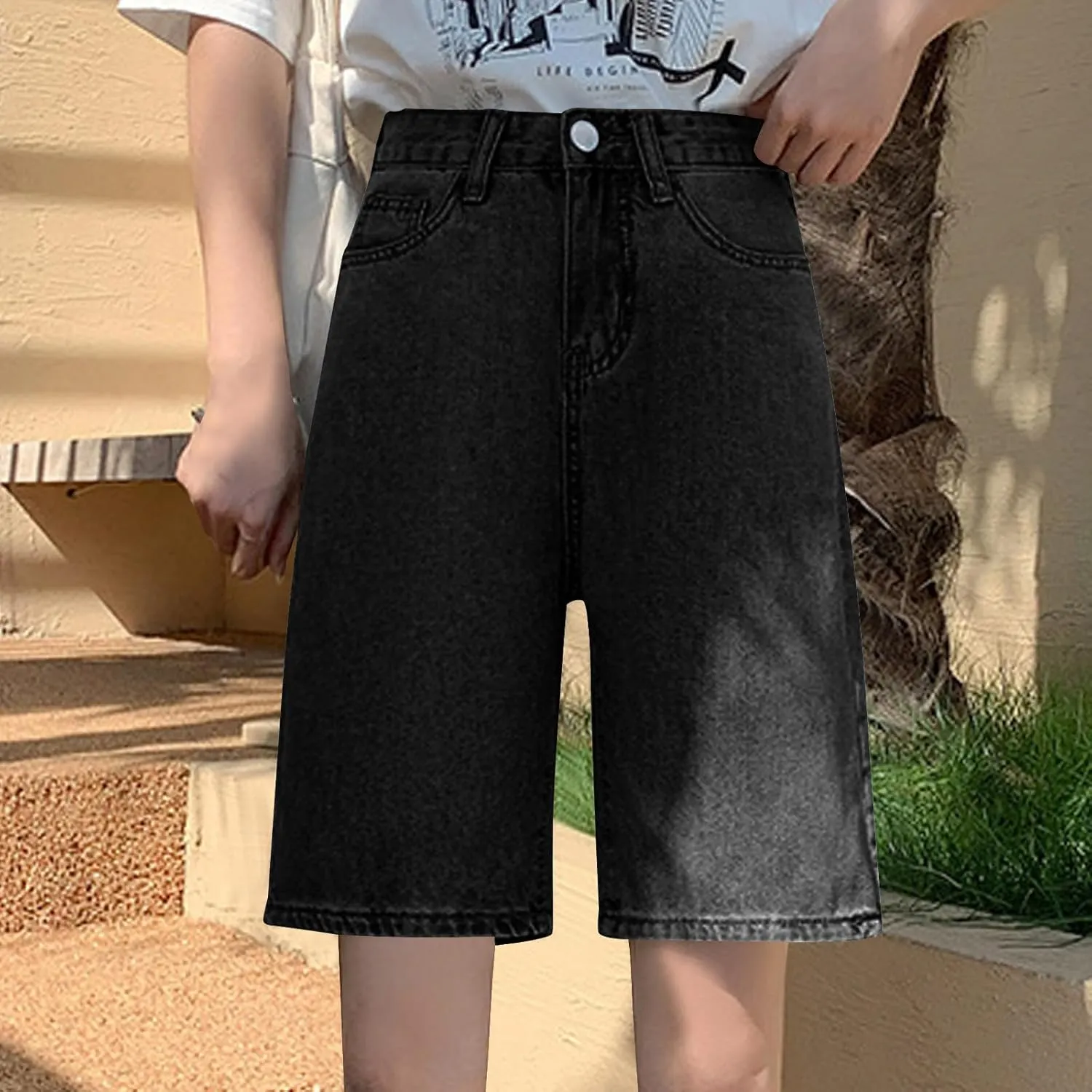 Women's High Waisted Knee Length Denim Shorts Button Adjustable Waist Shorts Bermuda Long Jean Pants Streetwear