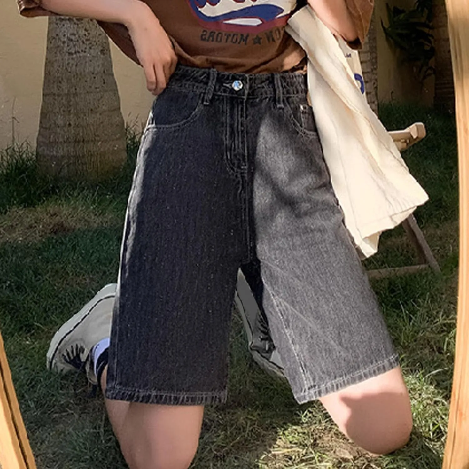 Women's High Waisted Knee Length Denim Shorts Button Adjustable Waist Shorts Bermuda Long Jean Pants Streetwear