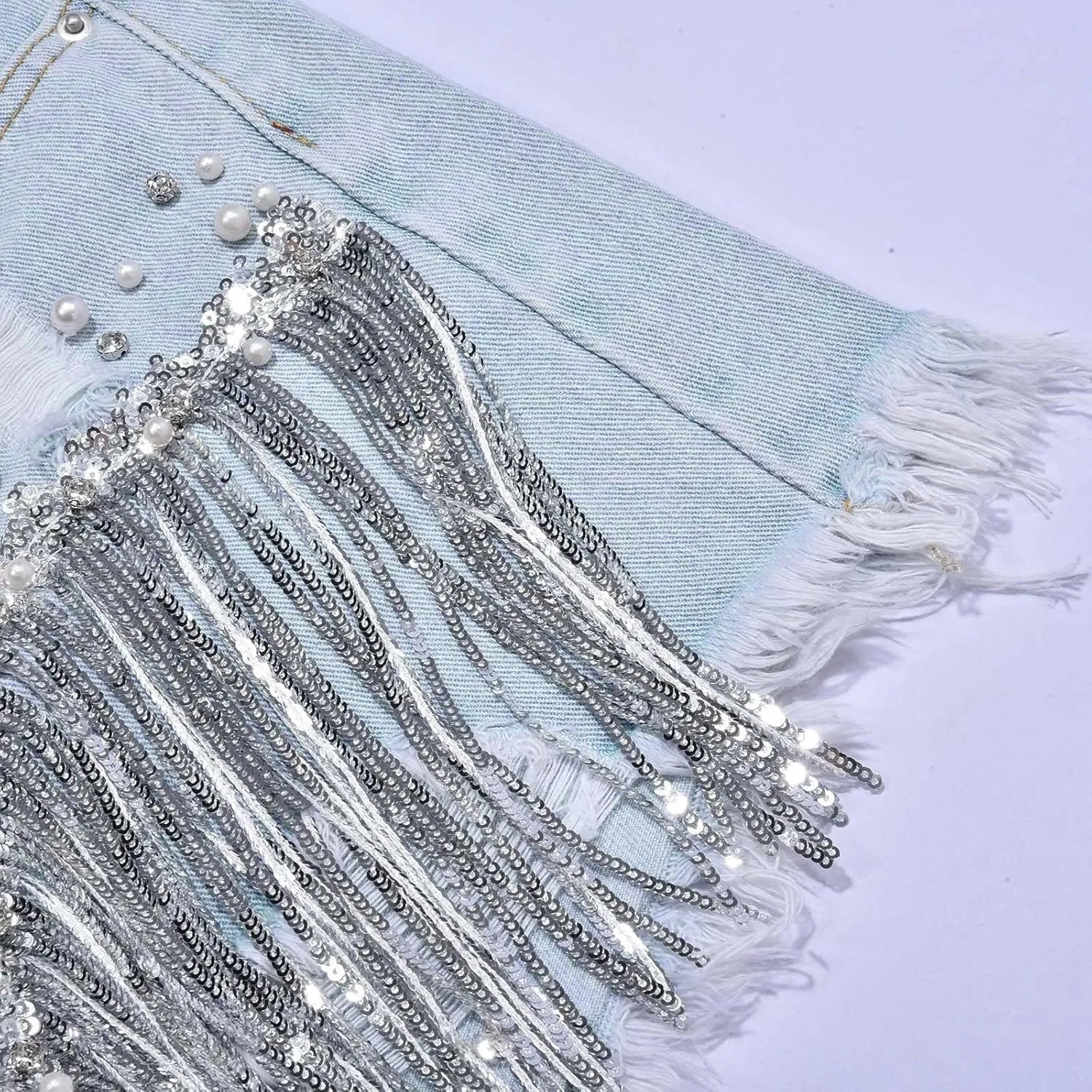 Womens High Waisted Ripped Rhinestone Pearl Beaded Fringe Comfort Tassel Denim Shorts Raw Hem Frayed Jean Shorts