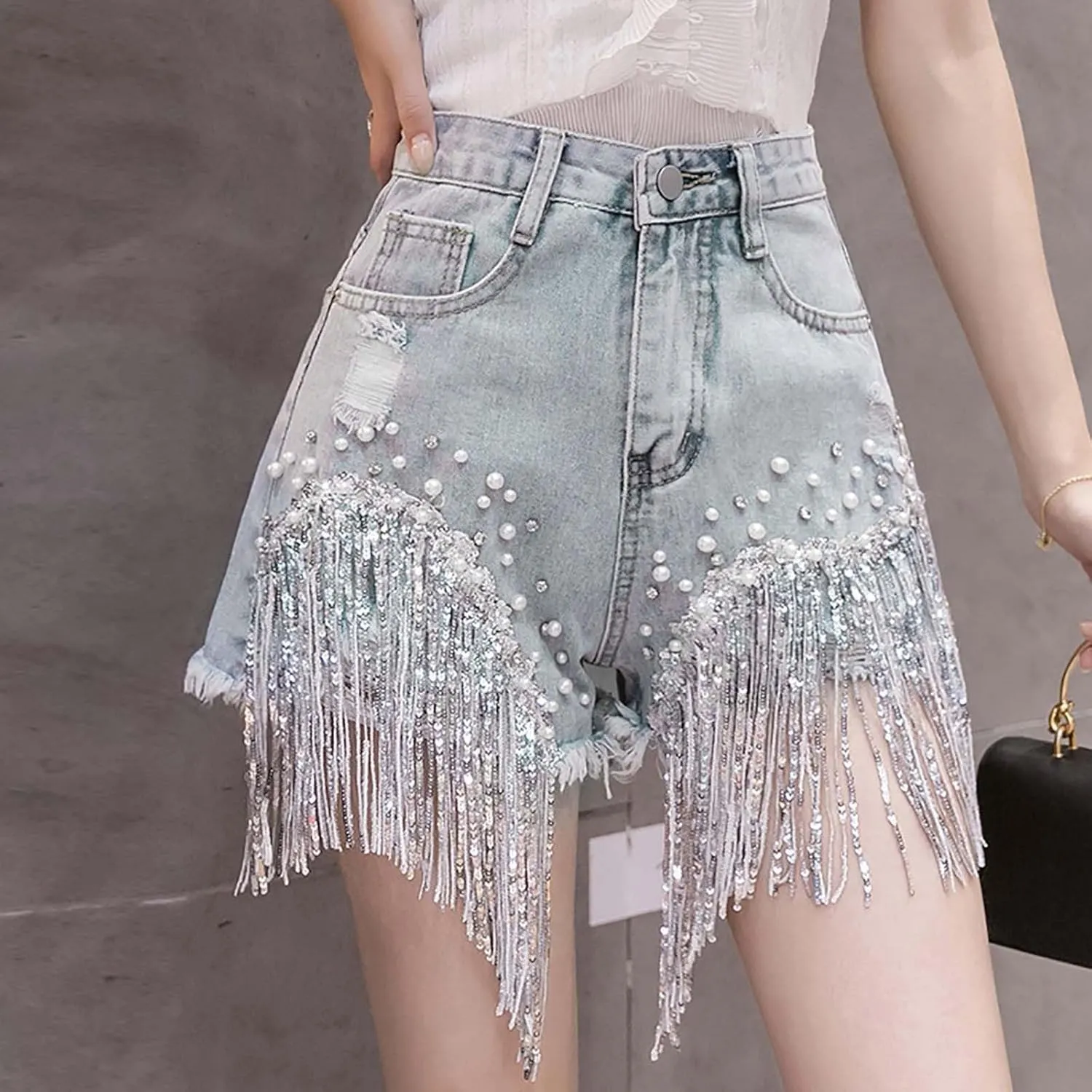Womens High Waisted Ripped Rhinestone Pearl Beaded Fringe Comfort Tassel Denim Shorts Raw Hem Frayed Jean Shorts