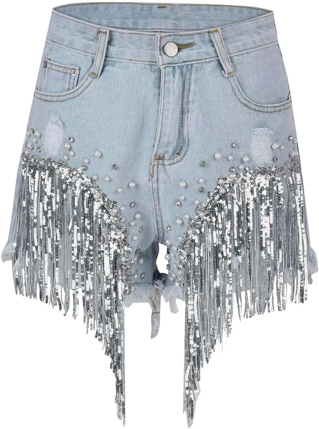Womens High Waisted Ripped Rhinestone Pearl Beaded Fringe Comfort Tassel Denim Shorts Raw Hem Frayed Jean Shorts