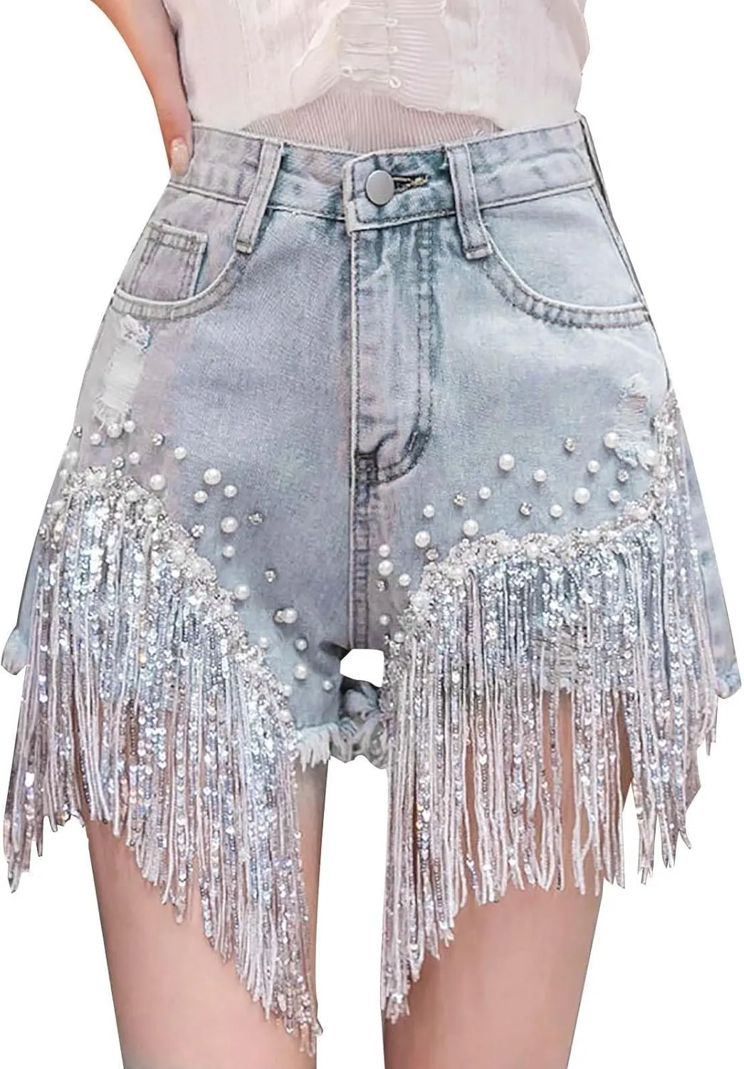 Womens High Waisted Ripped Rhinestone Pearl Beaded Fringe Comfort Tassel Denim Shorts Raw Hem Frayed Jean Shorts