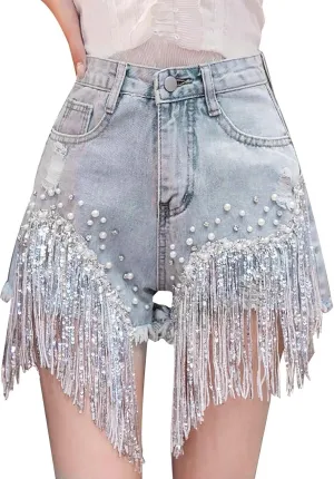 Womens High Waisted Ripped Rhinestone Pearl Beaded Fringe Comfort Tassel Denim Shorts Raw Hem Frayed Jean Shorts