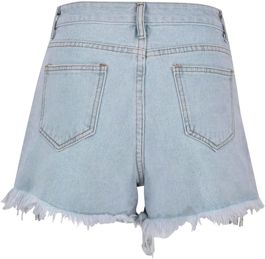 Womens High Waisted Ripped Rhinestone Pearl Beaded Fringe Comfort Tassel Denim Shorts Raw Hem Frayed Jean Shorts