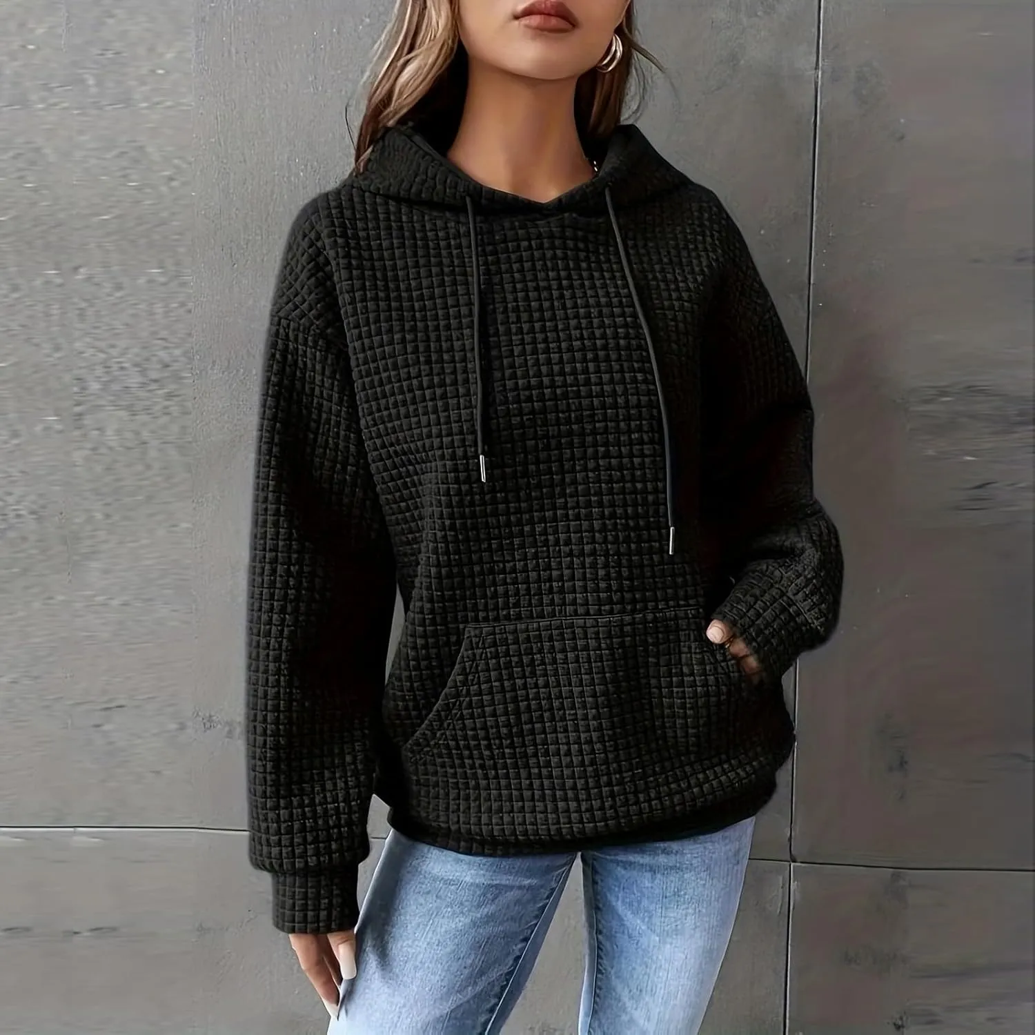 Womens Hoodies Oversized Waffle Drawstring Thick Pullover Sweatshirt Fall Fashion 2024 Soft Baggy Tunic Hoodies