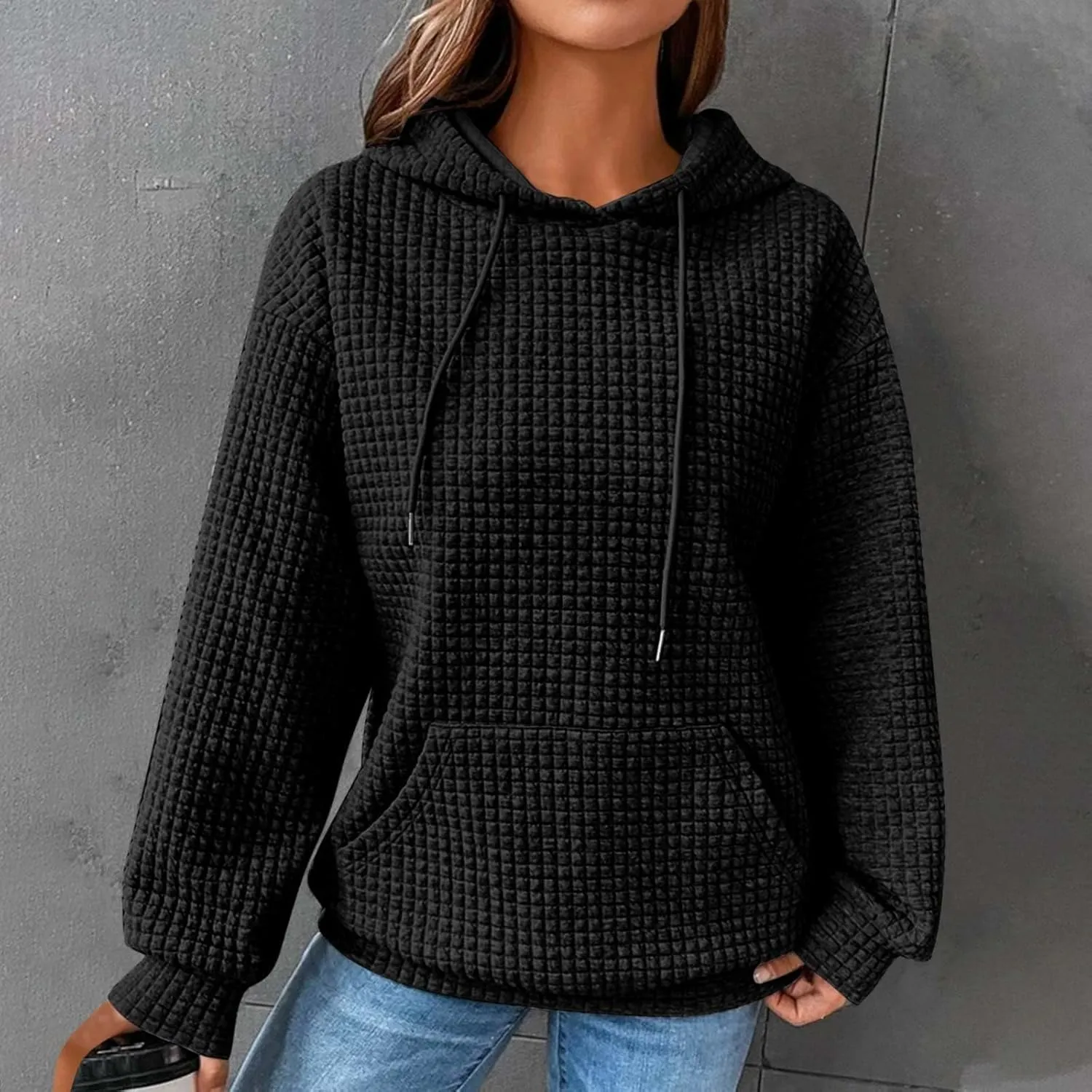 Womens Hoodies Oversized Waffle Drawstring Thick Pullover Sweatshirt Fall Fashion 2024 Soft Baggy Tunic Hoodies
