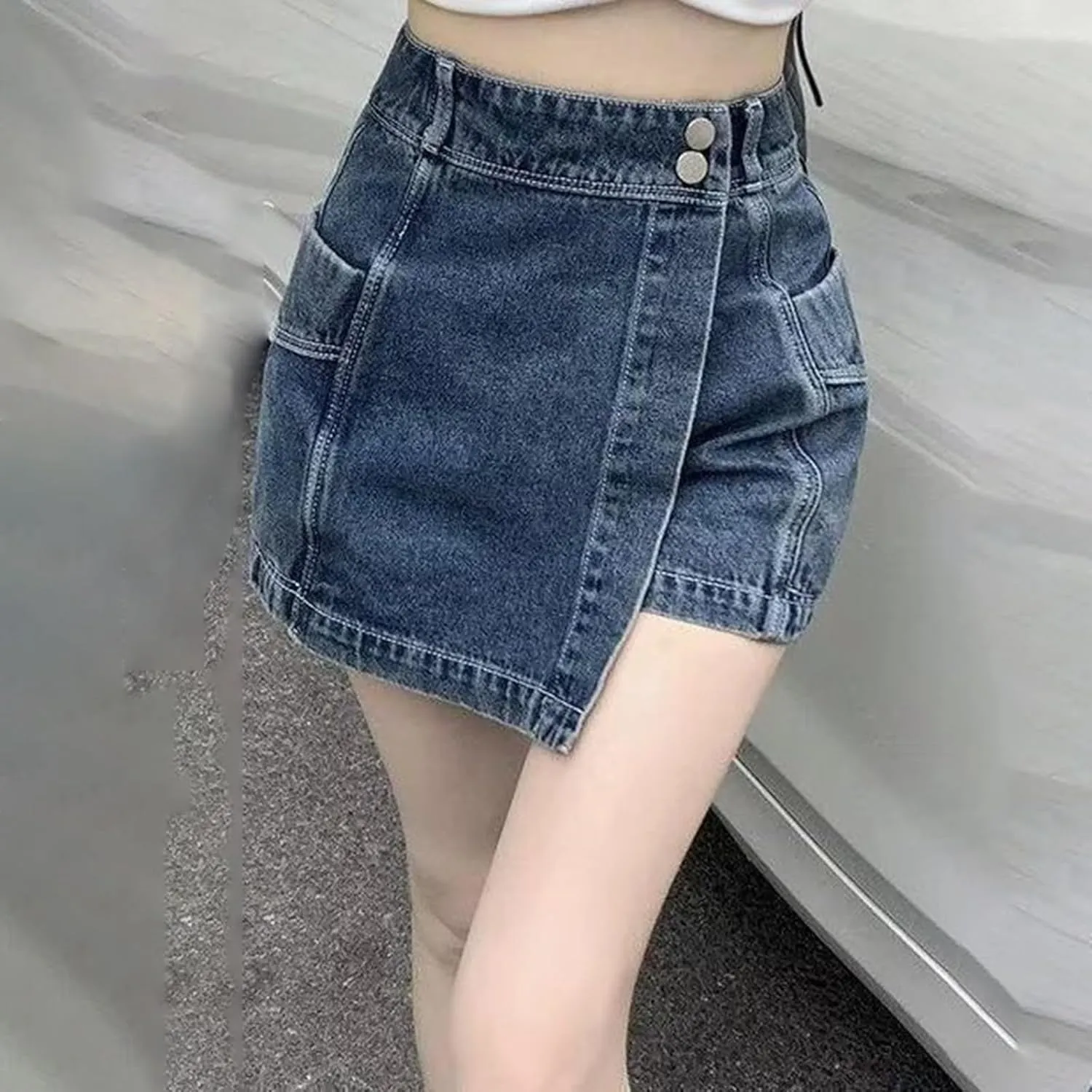 Womens Jean Shorts 2025 Summer Trendy Button Up Asymmetrical Denim Skort Skirt Casual High Waisted Aline Shorts