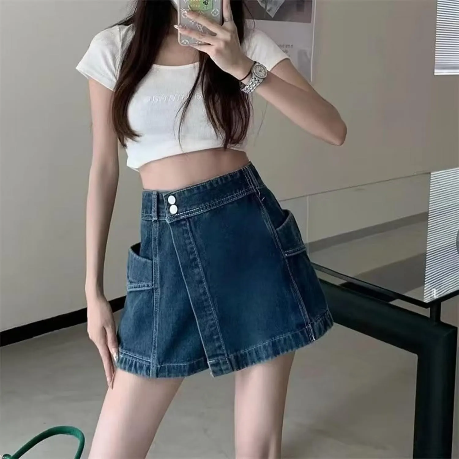 Womens Jean Shorts 2025 Summer Trendy Button Up Asymmetrical Denim Skort Skirt Casual High Waisted Aline Shorts