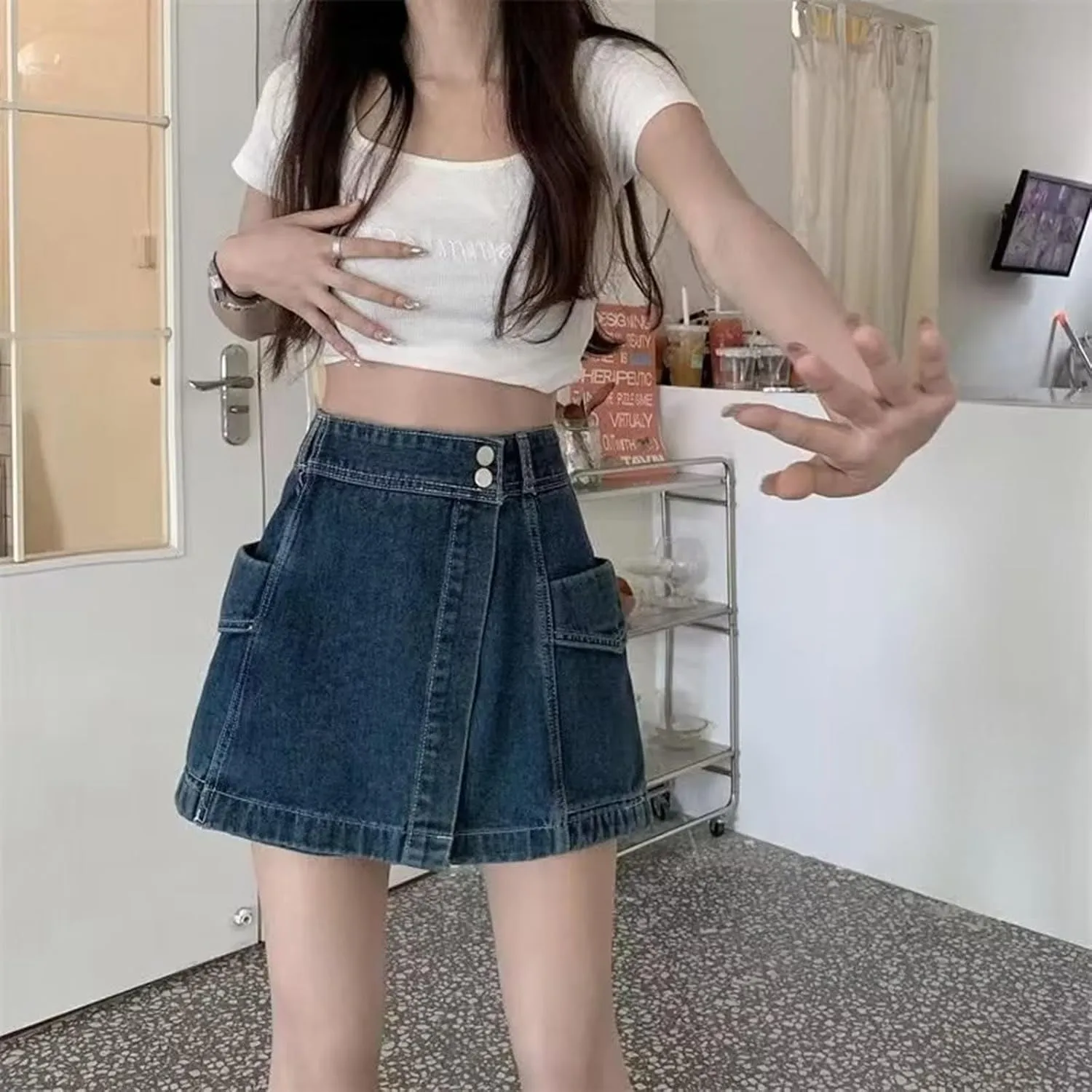Womens Jean Shorts 2025 Summer Trendy Button Up Asymmetrical Denim Skort Skirt Casual High Waisted Aline Shorts