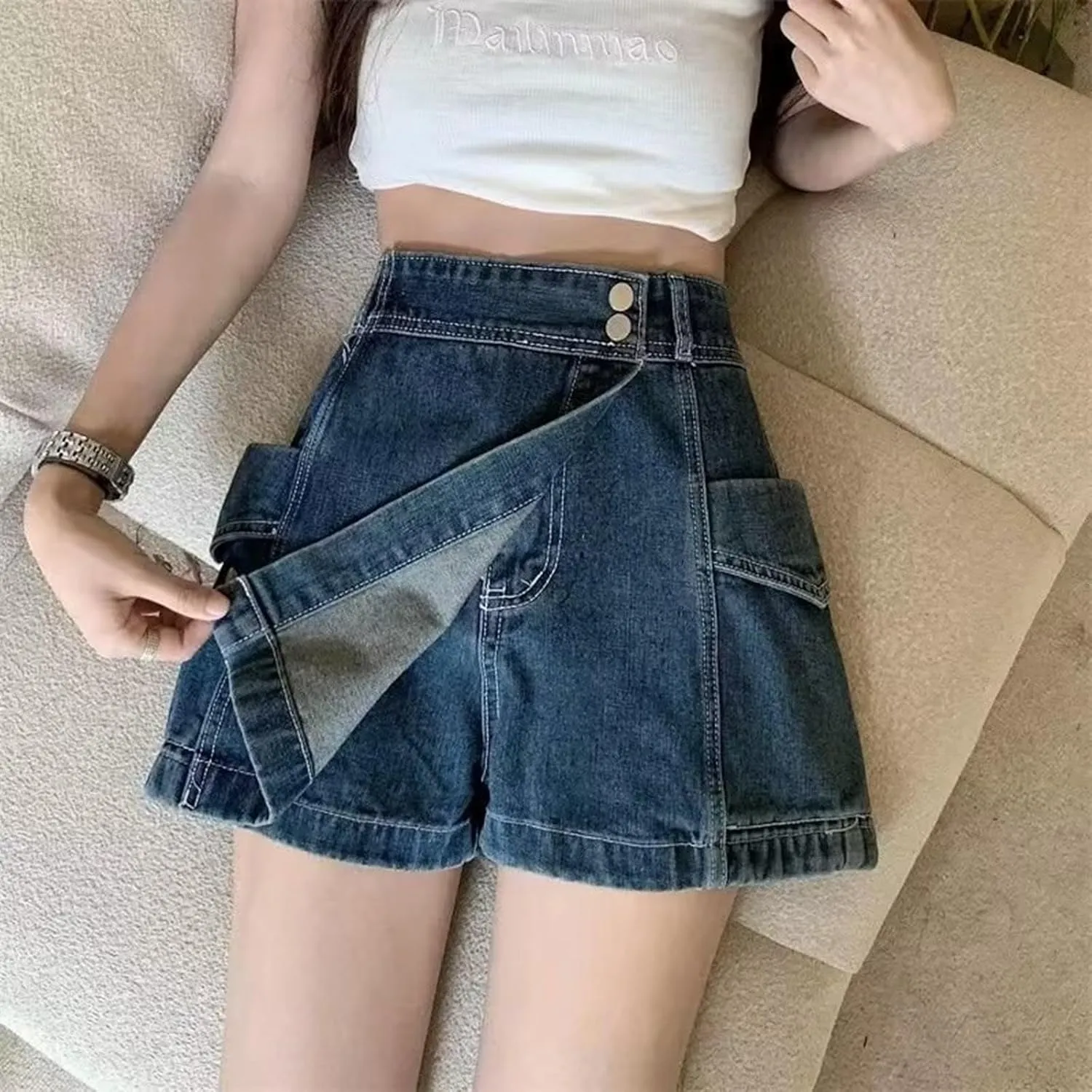 Womens Jean Shorts 2025 Summer Trendy Button Up Asymmetrical Denim Skort Skirt Casual High Waisted Aline Shorts
