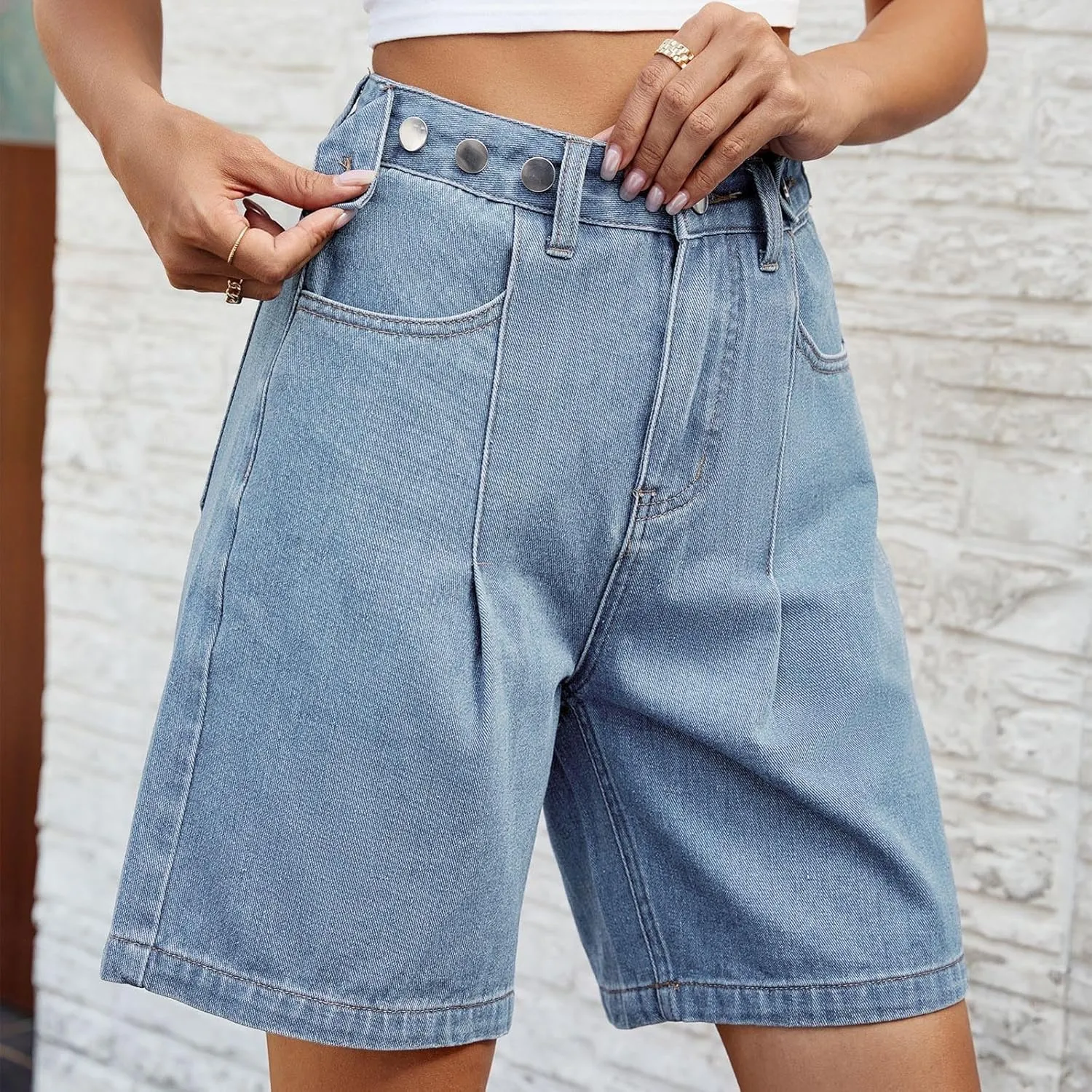 Women's Jean Shorts High Waisted Stretchy Casual Pleated Bermuda Shorts Summer Denim Short Trousers with Pockets