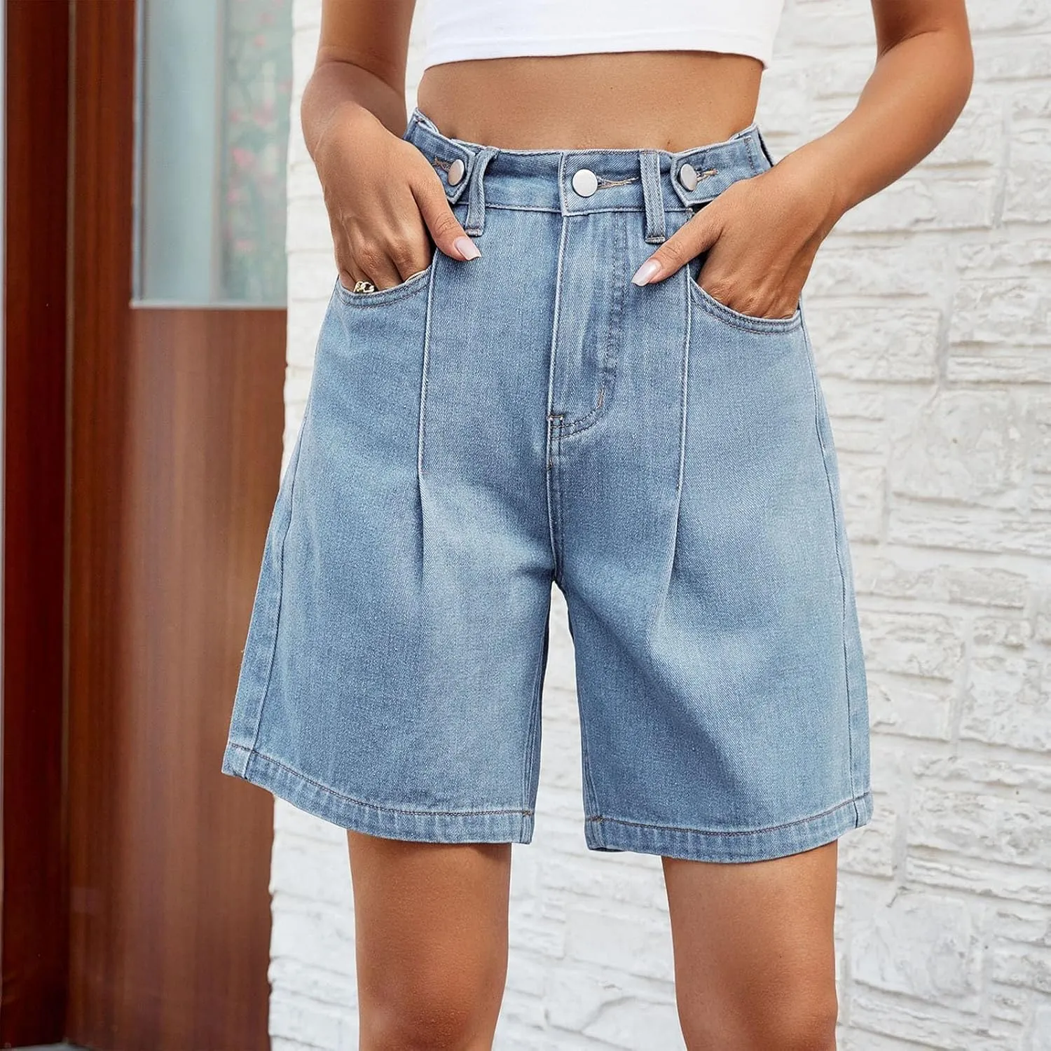 Women's Jean Shorts High Waisted Stretchy Casual Pleated Bermuda Shorts Summer Denim Short Trousers with Pockets