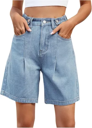 Women's Jean Shorts High Waisted Stretchy Casual Pleated Bermuda Shorts Summer Denim Short Trousers with Pockets