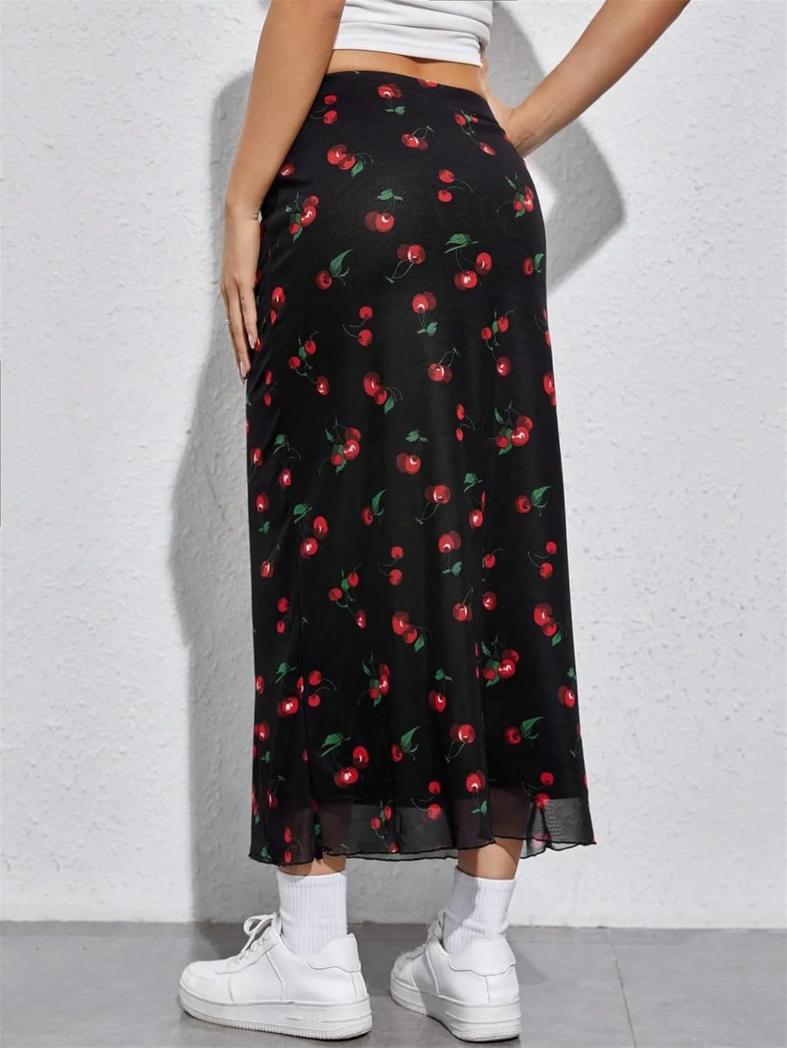 Women's Lettuce Trim High Waist Mesh Fishtail Bodycon Long Skirt Ditsy Floral Bohemia Mermaid Midi Skirt