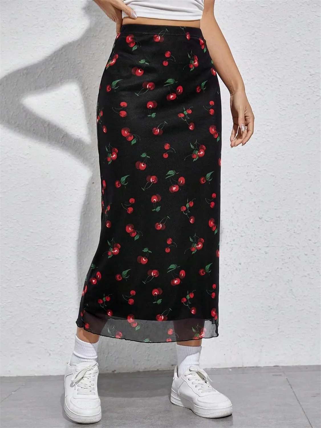 Women's Lettuce Trim High Waist Mesh Fishtail Bodycon Long Skirt Ditsy Floral Bohemia Mermaid Midi Skirt