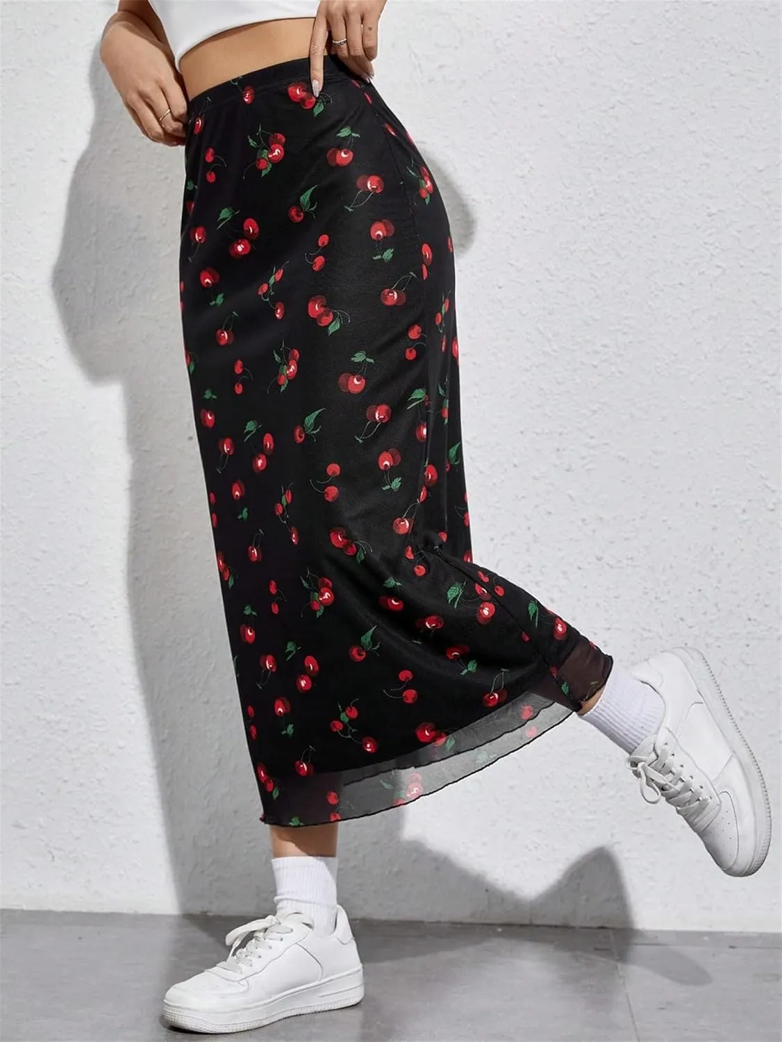 Women's Lettuce Trim High Waist Mesh Fishtail Bodycon Long Skirt Ditsy Floral Bohemia Mermaid Midi Skirt