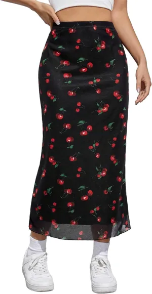 Women's Lettuce Trim High Waist Mesh Fishtail Bodycon Long Skirt Ditsy Floral Bohemia Mermaid Midi Skirt