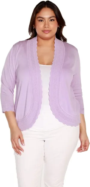 Women's Lightweight Cardigan Shrug with 3/4 Sleeves and Scalloped Edging