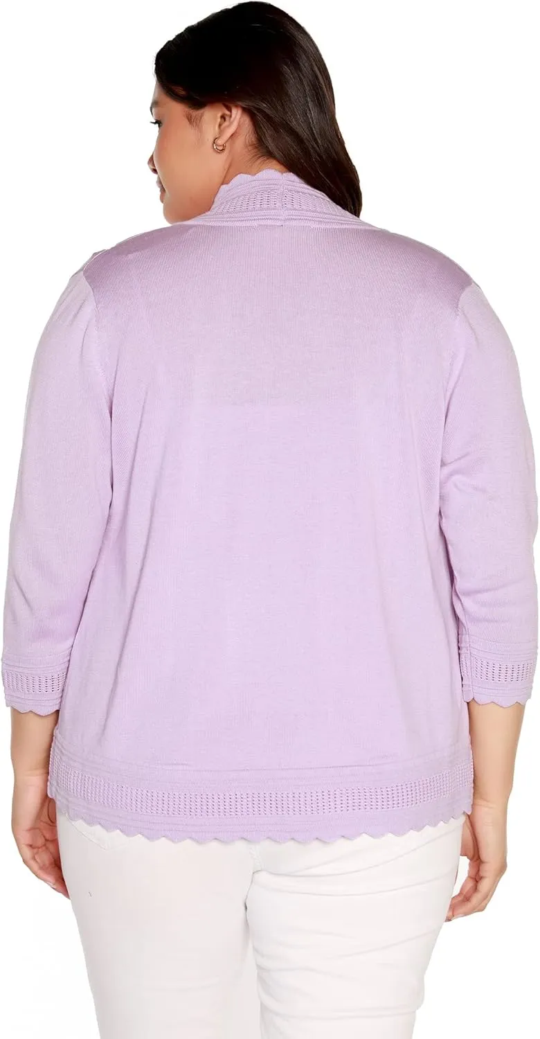 Women's Lightweight Cardigan Shrug with 3/4 Sleeves and Scalloped Edging