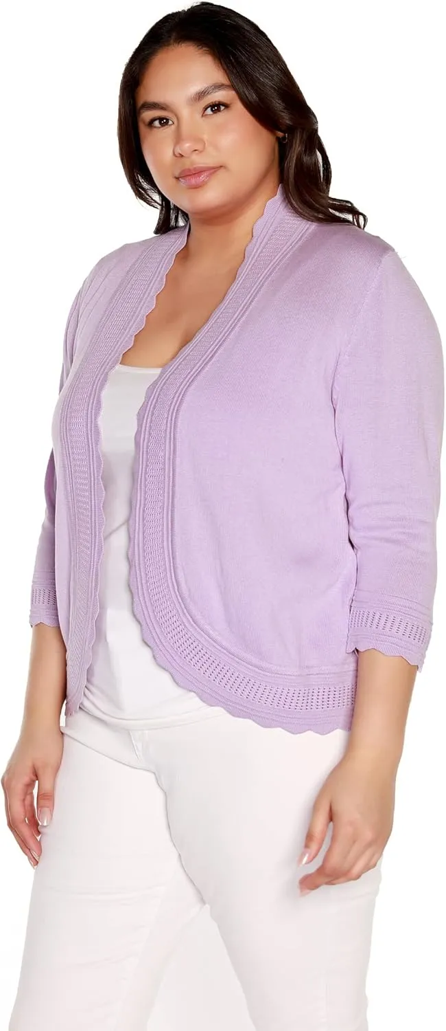 Women's Lightweight Cardigan Shrug with 3/4 Sleeves and Scalloped Edging