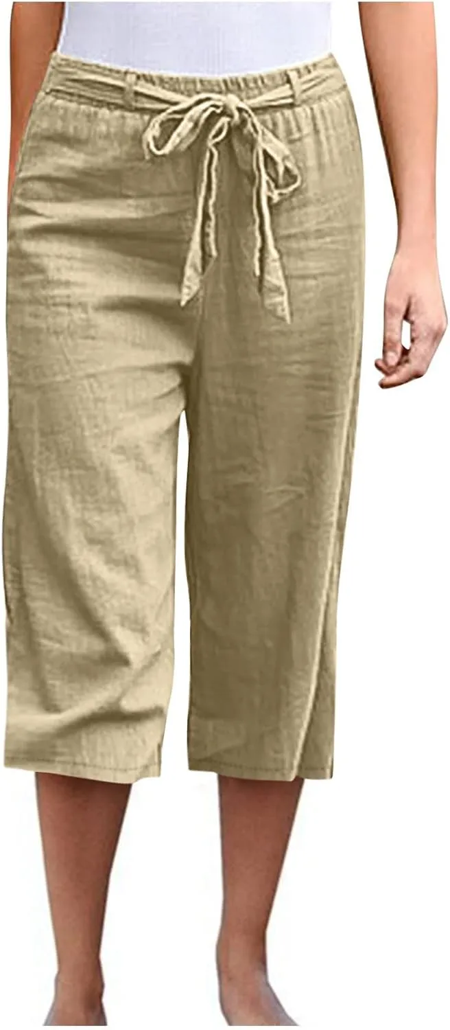 Women's Linen Blend Summer Casual Pants Elastic Waist Bootcut Slim Fit Palazzo Lounge Pants Trendy