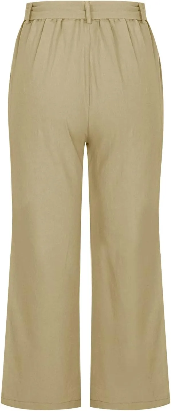 Women's Linen Blend Summer Casual Pants Elastic Waist Bootcut Slim Fit Palazzo Lounge Pants Trendy