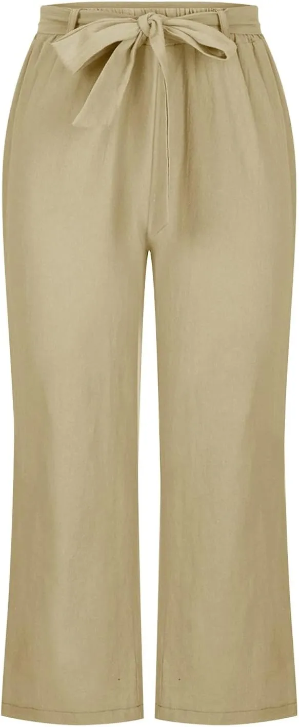 Women's Linen Blend Summer Casual Pants Elastic Waist Bootcut Slim Fit Palazzo Lounge Pants Trendy