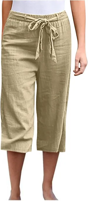 Women's Linen Blend Summer Casual Pants Elastic Waist Bootcut Slim Fit Palazzo Lounge Pants Trendy