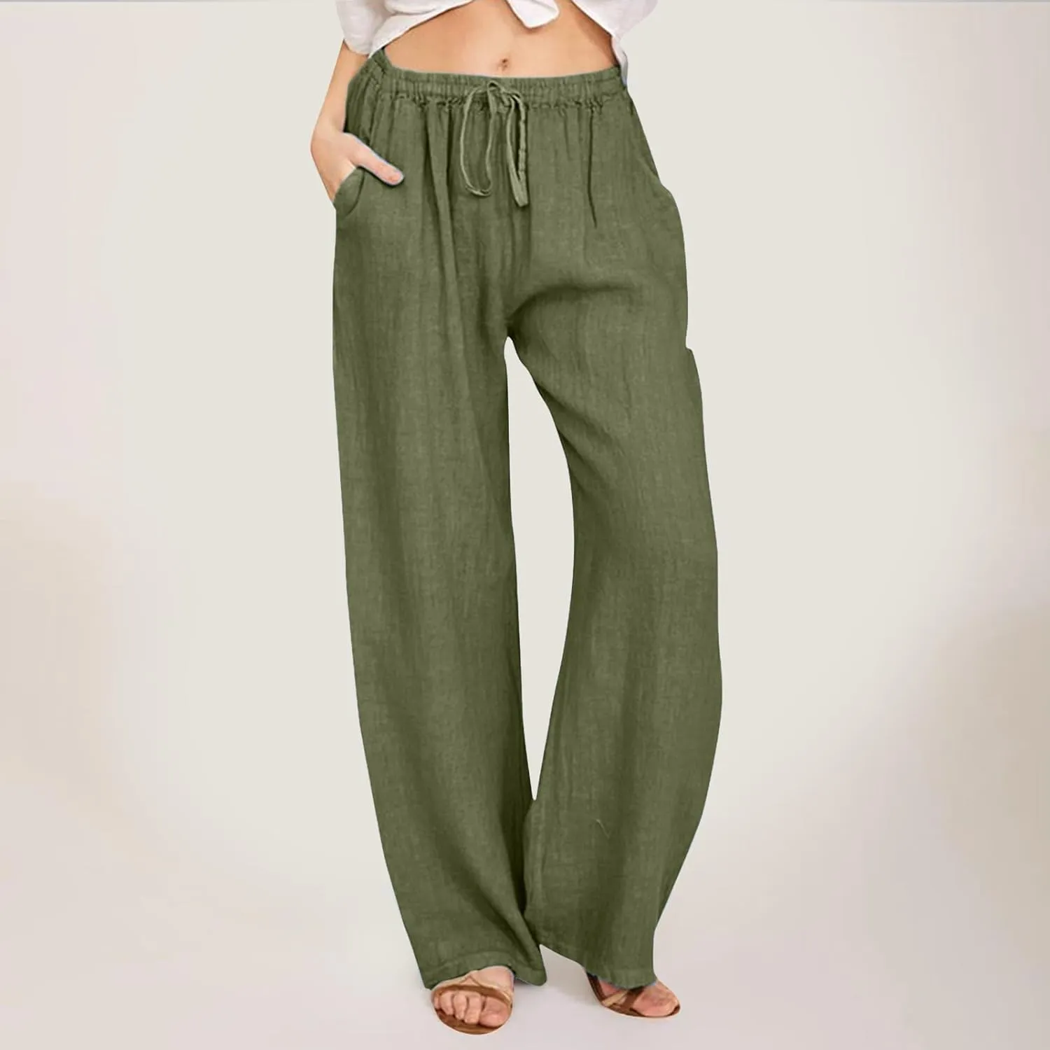 Women's Linen Pants Summer Casual Flowy Palazzo Pants Beach Baggy Wide Leg Drawstring Trousers with Pockets