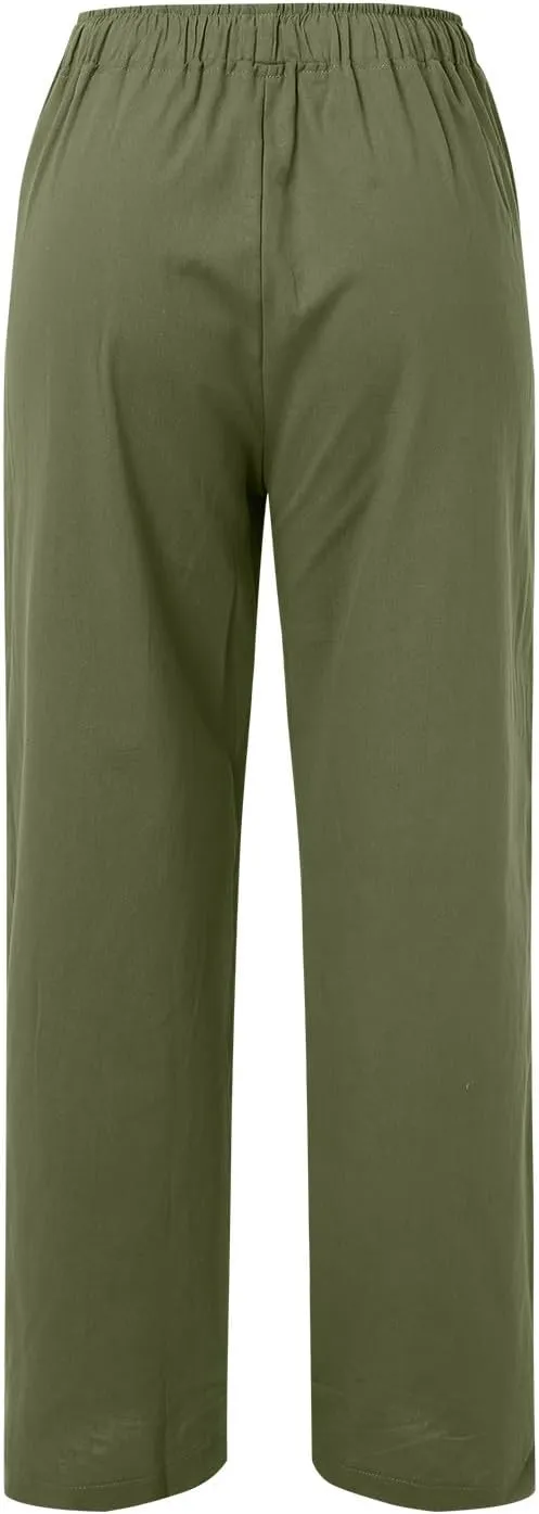 Women's Linen Pants Summer Casual Flowy Palazzo Pants Beach Baggy Wide Leg Drawstring Trousers with Pockets