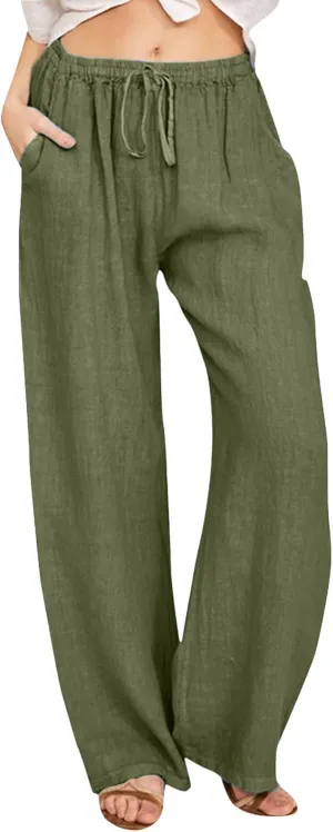 Women's Linen Pants Summer Casual Flowy Palazzo Pants Beach Baggy Wide Leg Drawstring Trousers with Pockets