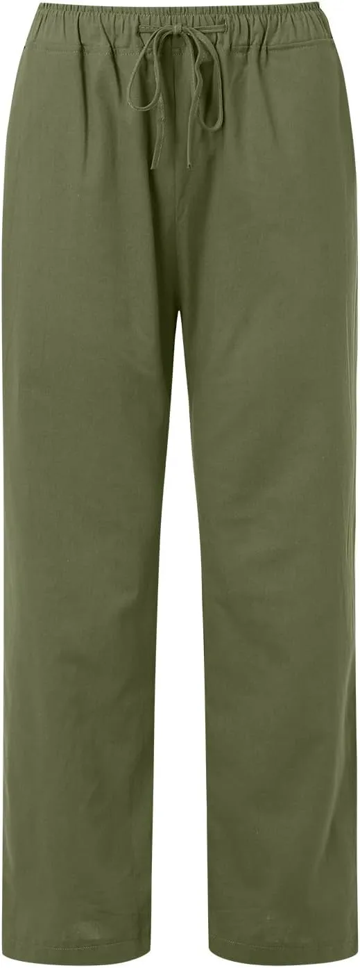 Women's Linen Pants Summer Casual Flowy Palazzo Pants Beach Baggy Wide Leg Drawstring Trousers with Pockets