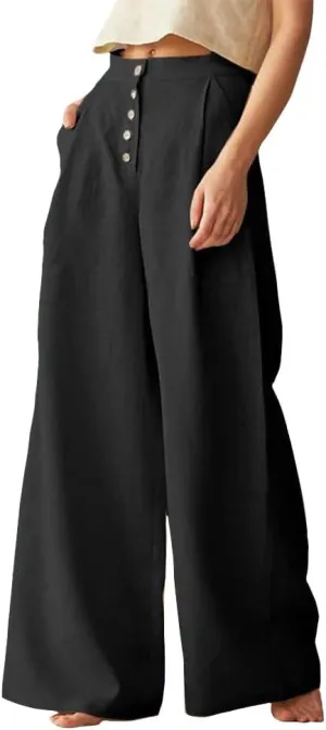 Women's Linen Pants Summer Casual Wide Leg Trousers Elastic High Waist Pants Loose Palazzo Pants S-5XL
