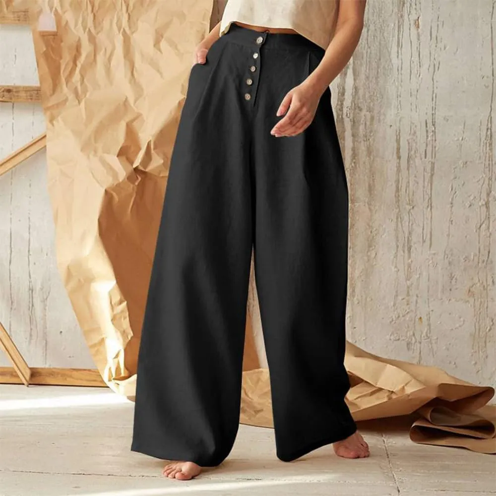 Women's Linen Pants Summer Casual Wide Leg Trousers Elastic High Waist Pants Loose Palazzo Pants S-5XL
