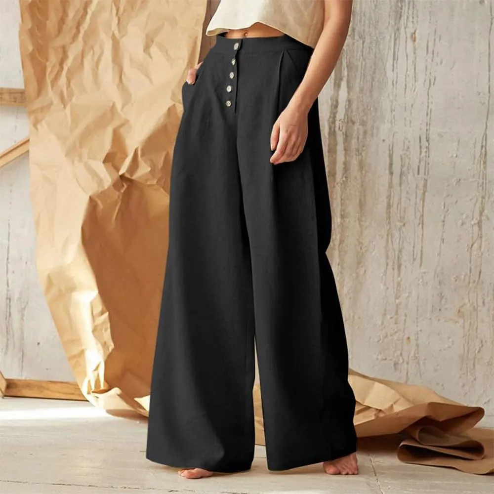 Women's Linen Pants Summer Casual Wide Leg Trousers Elastic High Waist Pants Loose Palazzo Pants S-5XL