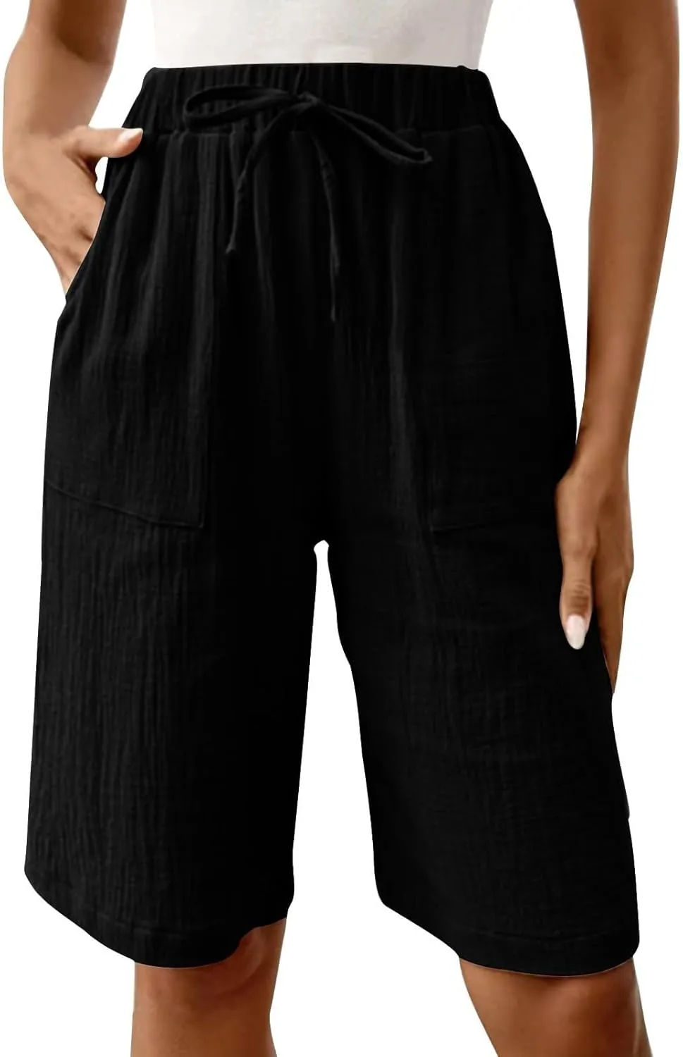 Women's Linen Shorts Elastic Waist Drawstring Bermuda Shorts for Women Knee Length Summer Casual Beach Clothes 2025