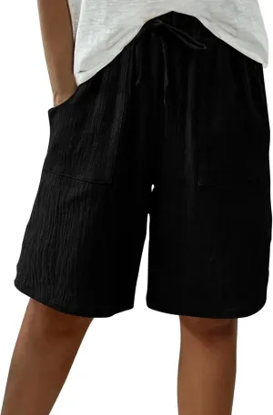 Women's Linen Shorts Elastic Waist Drawstring Bermuda Shorts for Women Knee Length Summer Casual Beach Clothes 2025