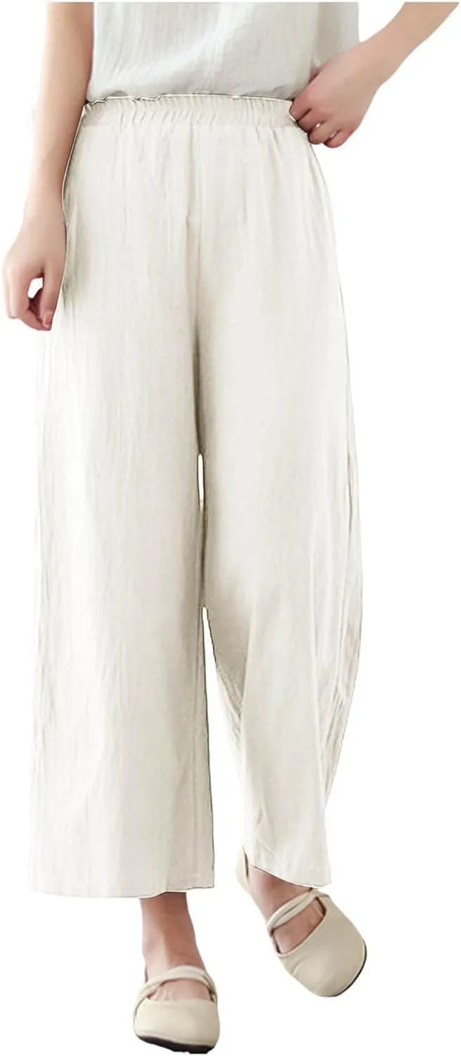 Women's Linen Summer Casual Loose Pant Trousers Elastic Waisted Straight Loose Fit Pant Trousers Work Business