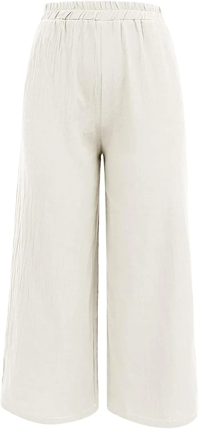 Women's Linen Summer Casual Loose Pant Trousers Elastic Waisted Straight Loose Fit Pant Trousers Work Business