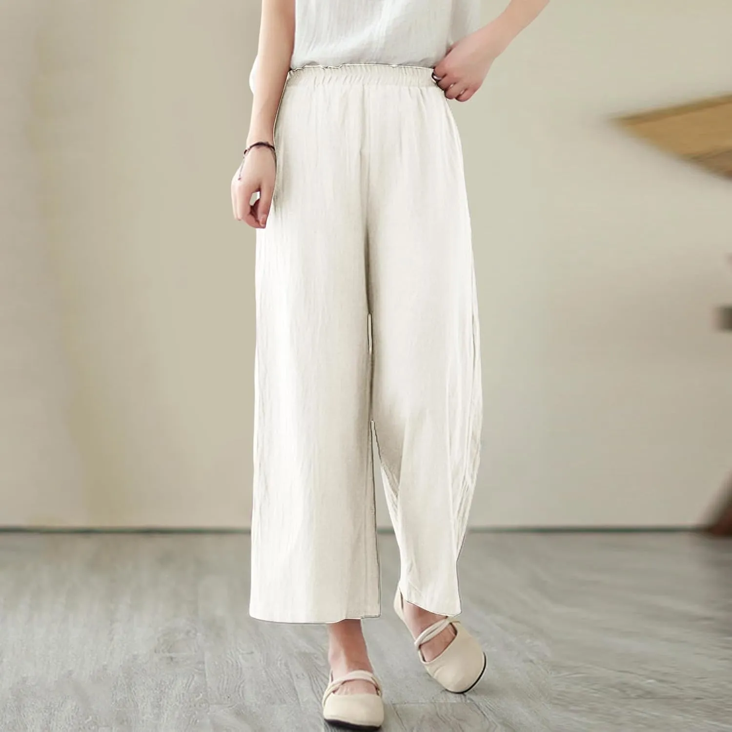 Women's Linen Summer Casual Loose Pant Trousers Elastic Waisted Straight Loose Fit Pant Trousers Work Business
