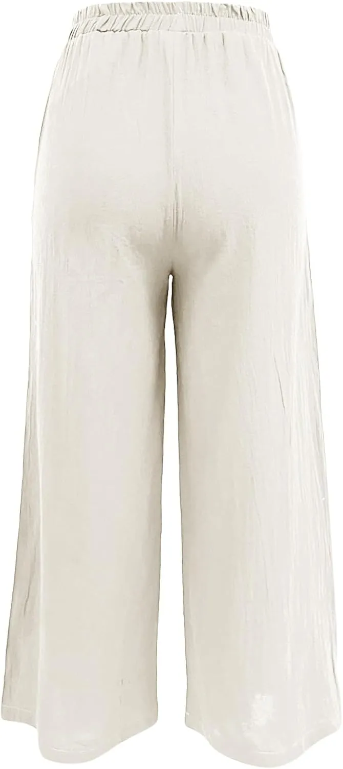 Women's Linen Summer Casual Loose Pant Trousers Elastic Waisted Straight Loose Fit Pant Trousers Work Business