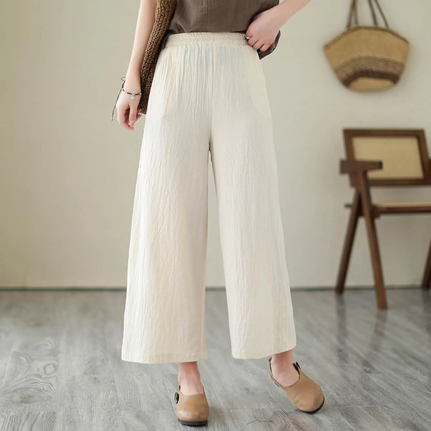 Women's Linen Summer Casual Loose Pant Trousers Elastic Waisted Straight Loose Fit Pant Trousers Work Business