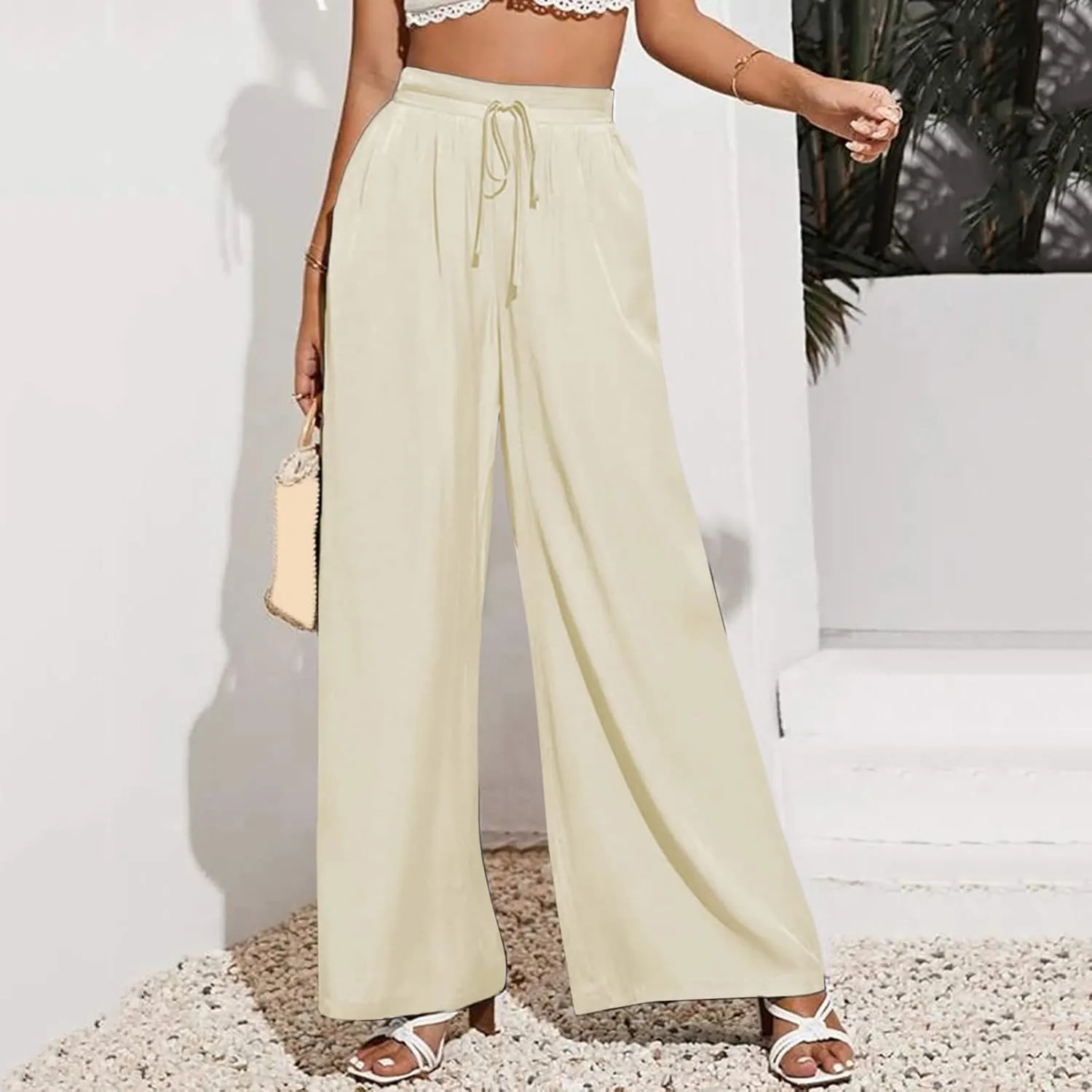 Womens Linen Summer Drawstring Palazzo Lounge Pants Low Waist Lounge Pants Loose Fit Palazzo Lounge Pants Vacation