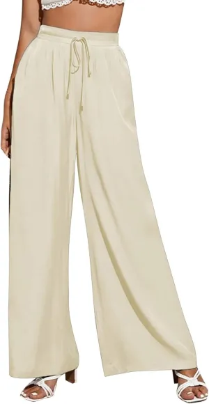 Womens Linen Summer Drawstring Palazzo Lounge Pants Low Waist Lounge Pants Loose Fit Palazzo Lounge Pants Vacation