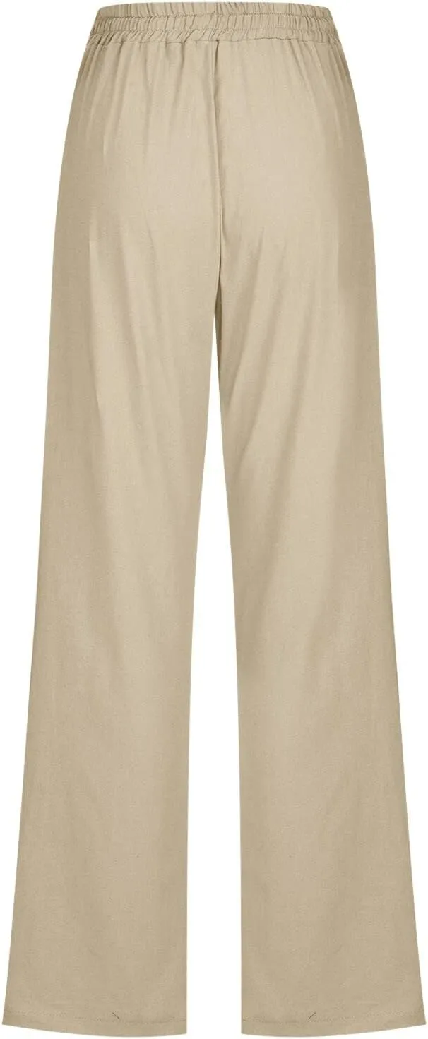 Womens Linen Summer Printed Palazzo Lounge Pants High Waist Stretchy Loose Fit Trousers Work Business