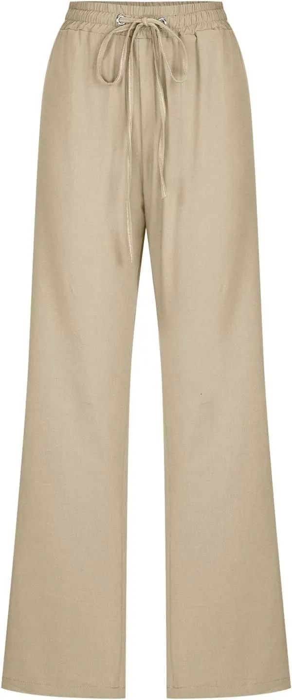 Womens Linen Summer Printed Palazzo Lounge Pants High Waist Stretchy Loose Fit Trousers Work Business
