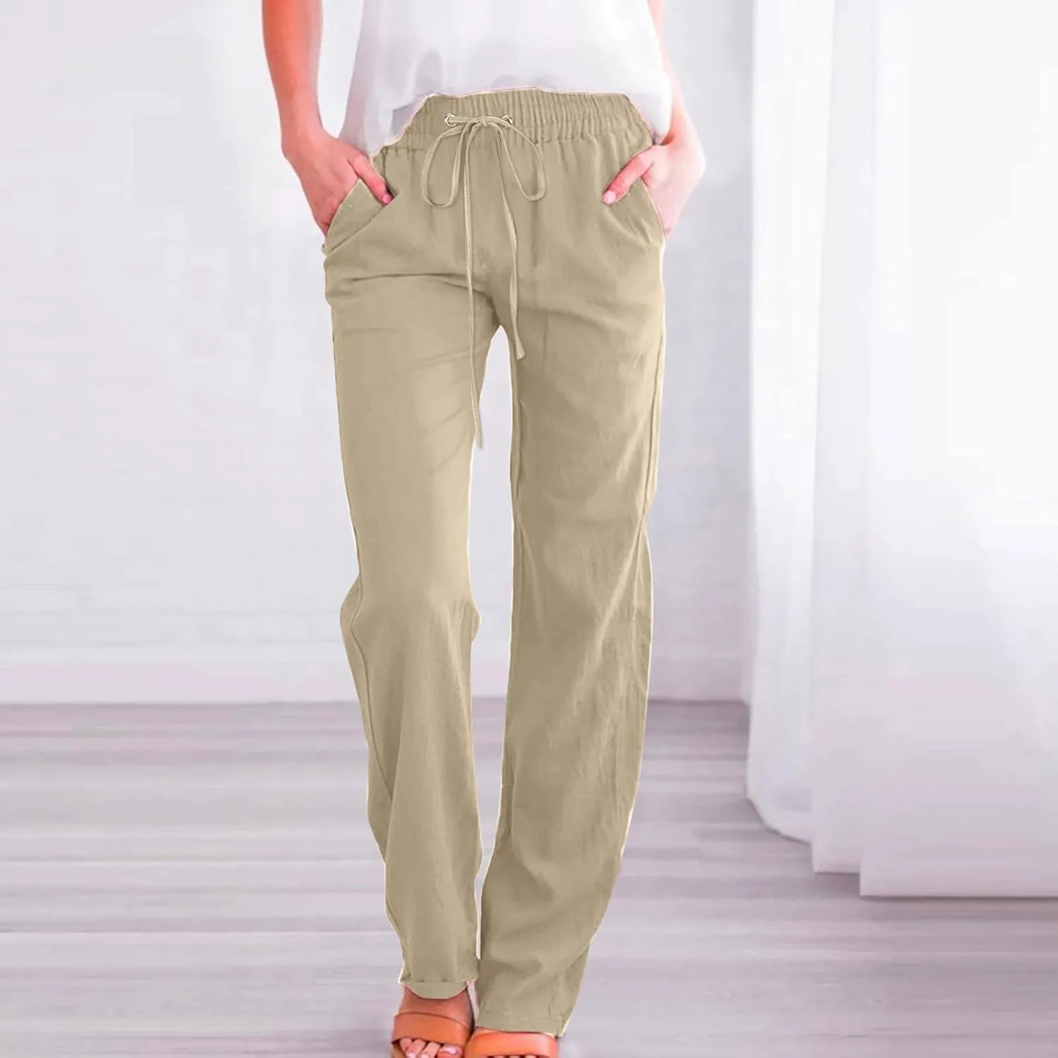 Womens Linen Summer Printed Palazzo Lounge Pants High Waist Stretchy Loose Fit Trousers Work Business