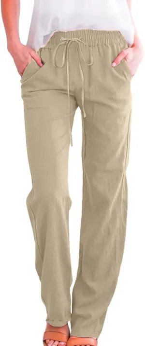 Womens Linen Summer Printed Palazzo Lounge Pants High Waist Stretchy Loose Fit Trousers Work Business