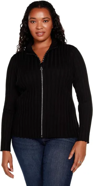 Women's Long Sleeve Zip Up Sweaters for Women Knit Cardigan with Diamond Zipper